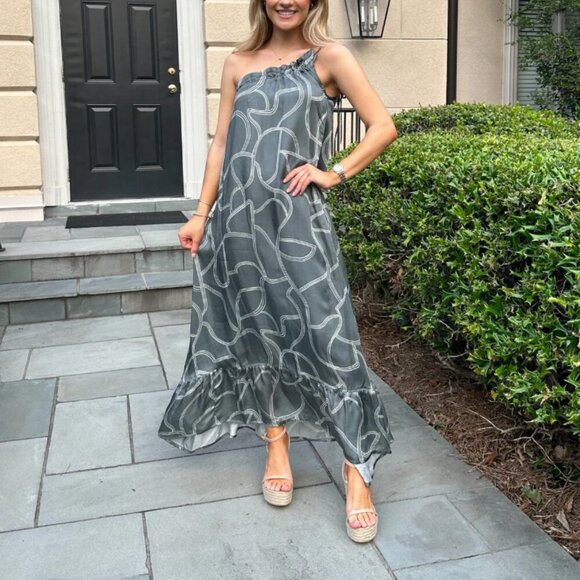 NWT Reistor One Shoulder Maxi Dress in Abstract Stripes Size 2XL - Picture 1 of 8